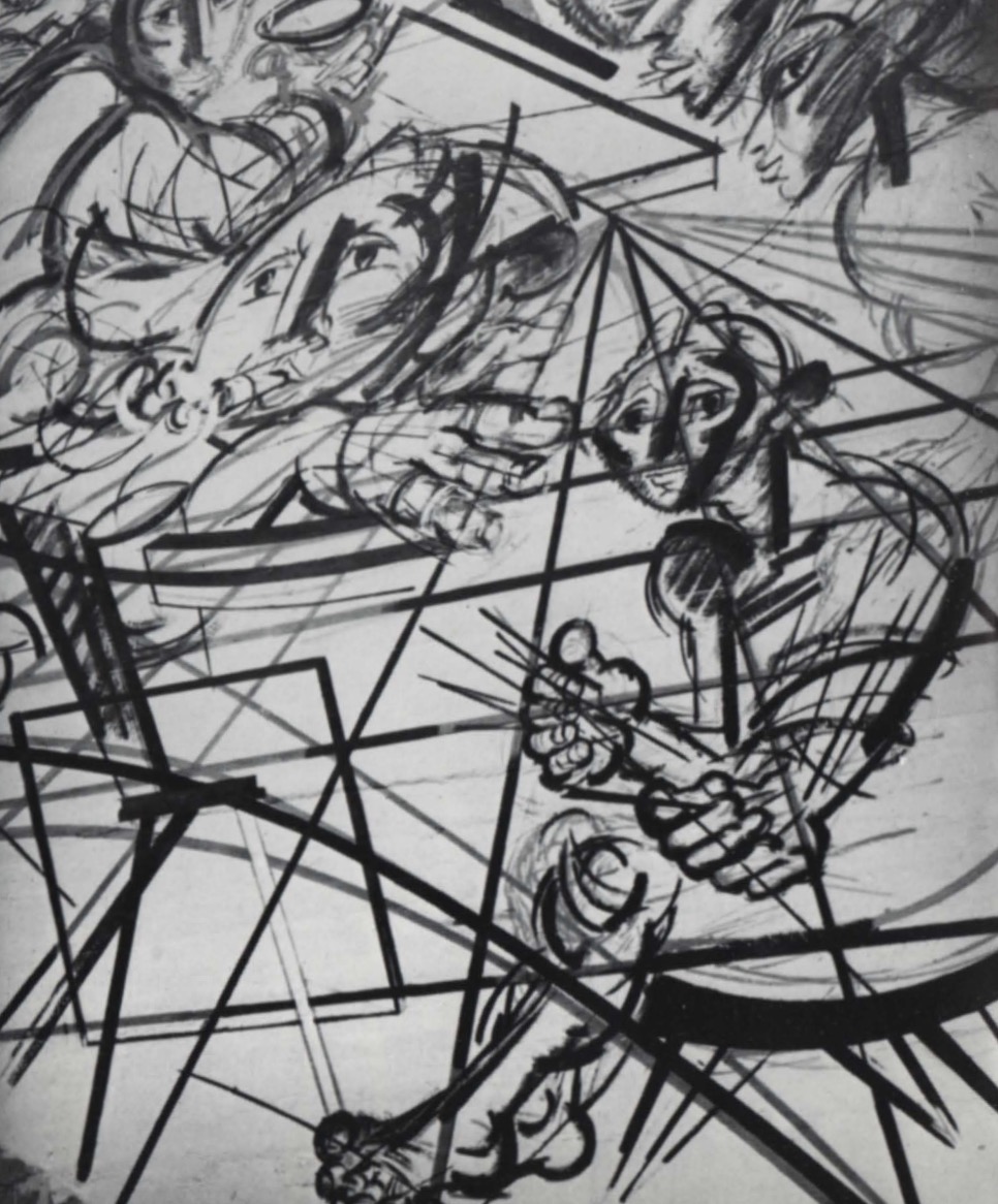 Dessin préparatoire au pinceau pour le mural Notre Temps : visages, mains, lignes brisées.