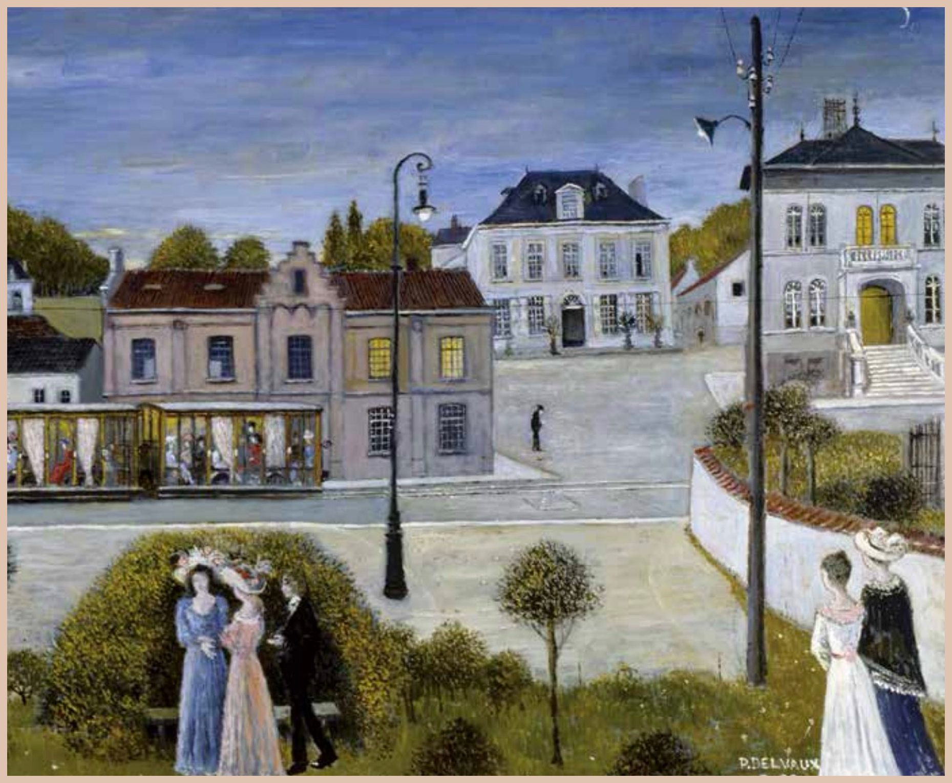 Maquette signée Paul Delvaux : place, tramway, personnages, l’Académie de Boitsfort au centre.